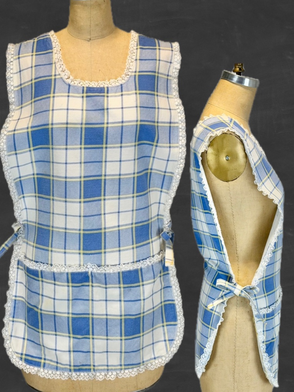 VINTAGE smock apron utility chore plaid flannel cotton lace household art studio